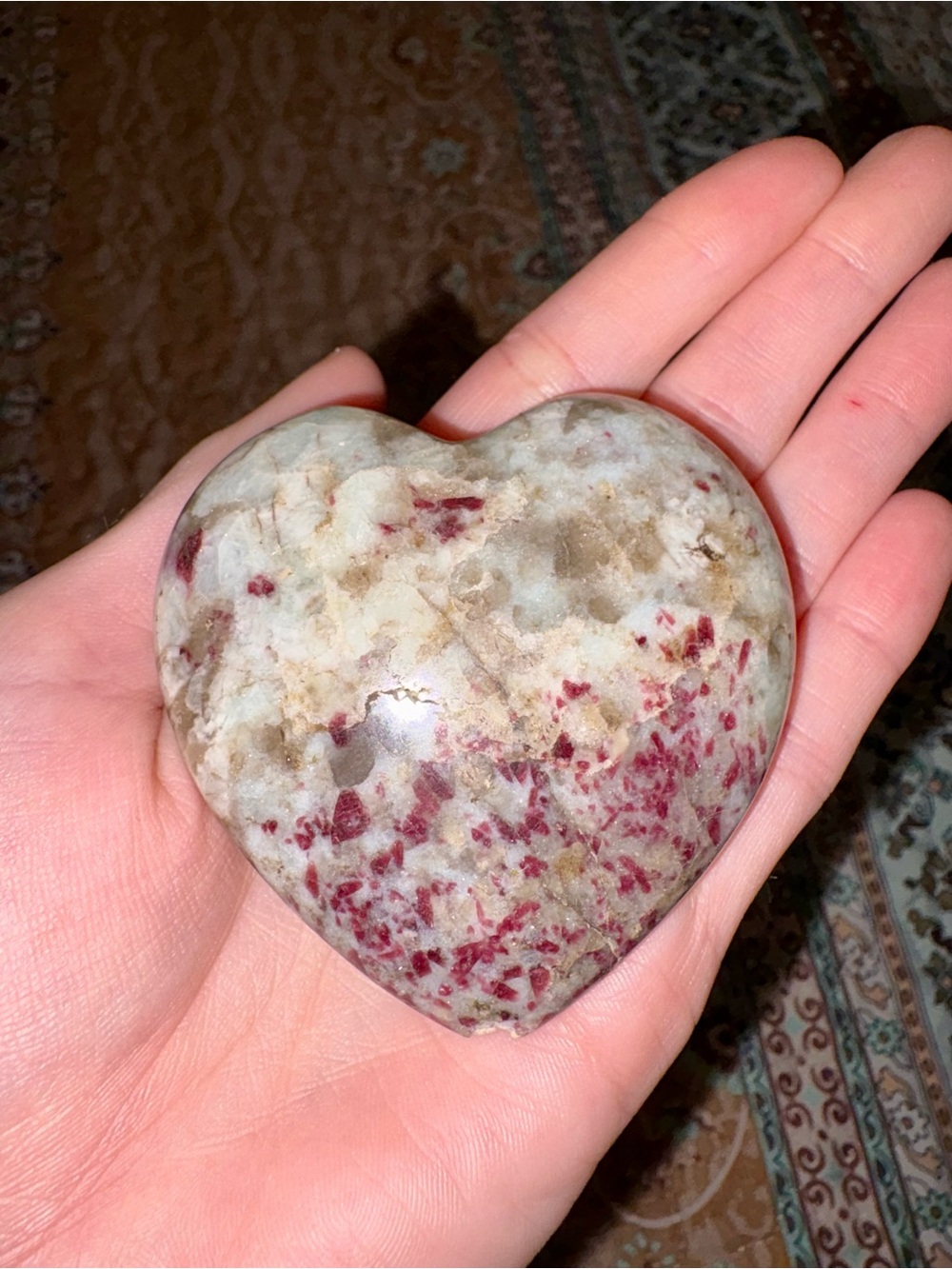 Polished Heart-Shaped Crystal Palm Stone - White with Red Speckles
